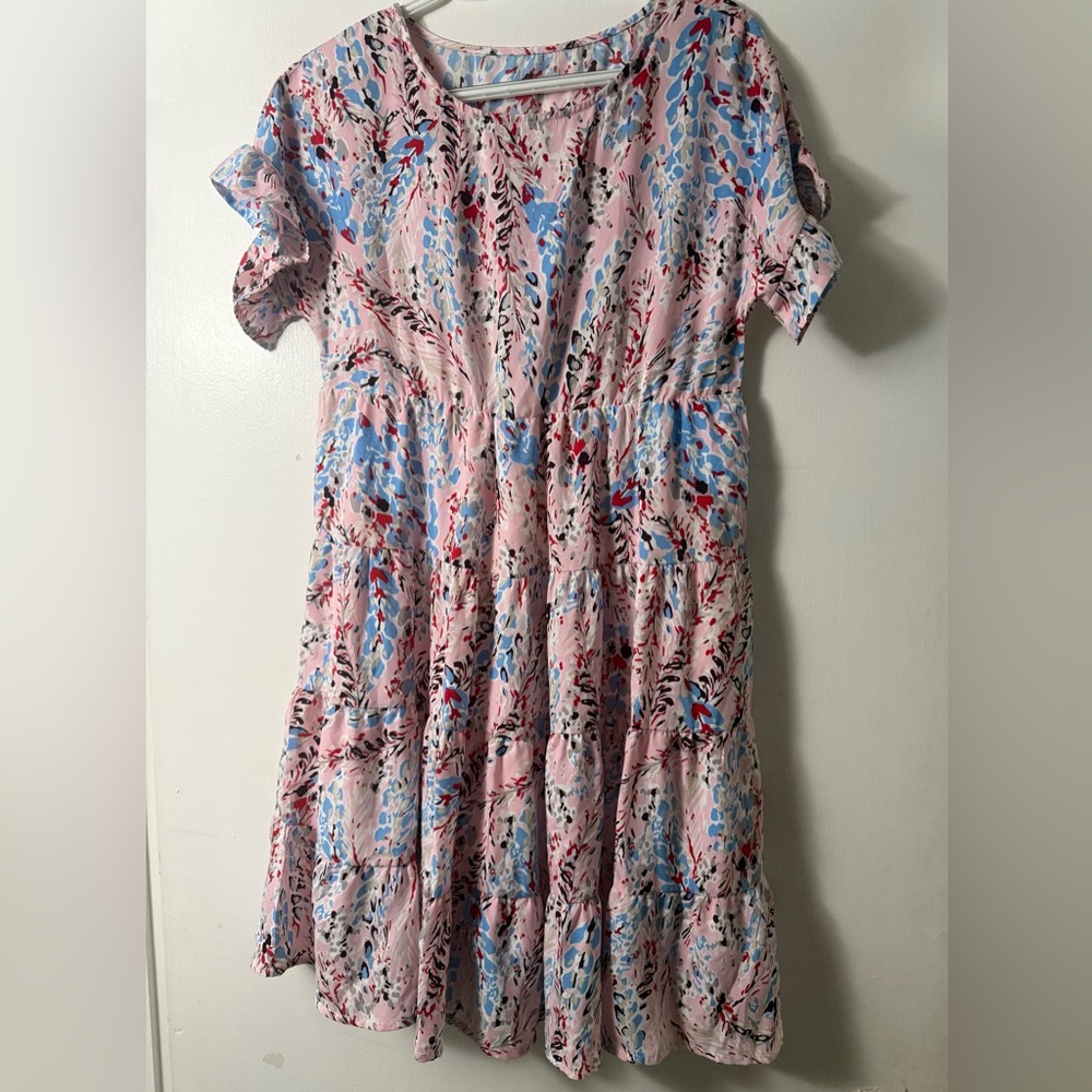 Pink Floral Tiered Short Sleeve SunDress
